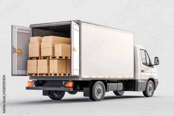 Fototapeta A delivery truck with an open back, revealing stacked packages, isolated.