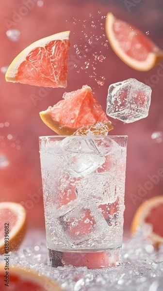 Fototapeta Grapefruit slices and ice cubes in a glass, splashing