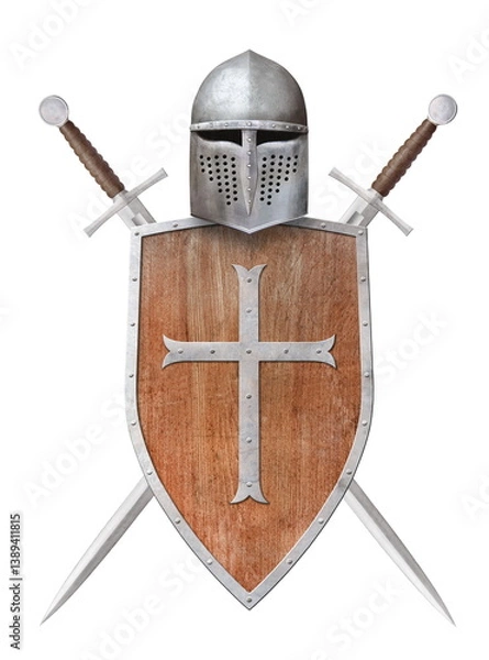 Fototapeta knight's wooden shield helmet and two swords isolated on white