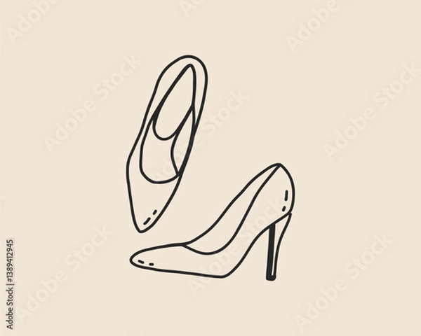 Fototapeta Line art woman shoe heels. Coquette whimsical hand drawn doodle sketch of fashion wedding shoes. Vector outline illustration