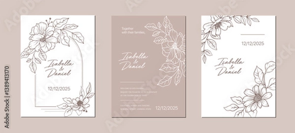 Obraz Line art abstract flower wedding card design. Hand drawn floral pattern background template. Elegant luxury spring botanical border invitation. Vector vintage decoration illustration