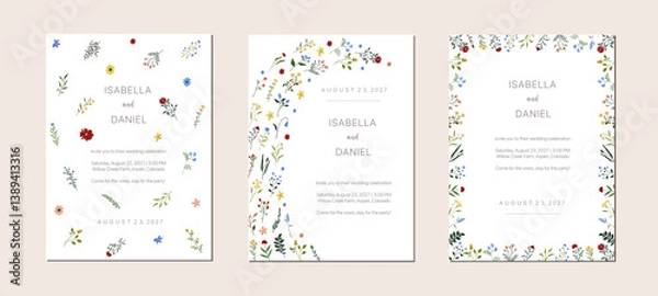 Fototapeta Set of spring wildflower wedding card design. Watercolor flower frame poster background template. Birthday party floral summer abstract decoration invitation.  Vector illustration