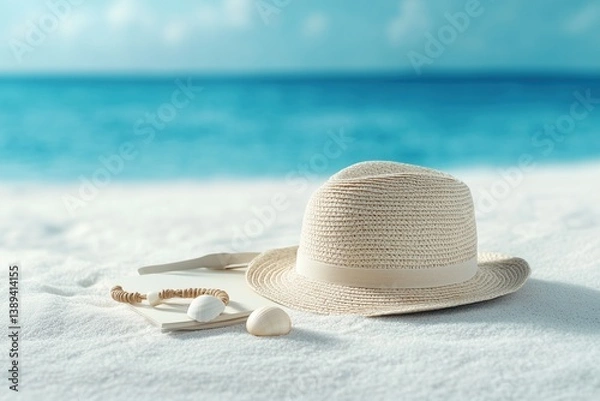 Fototapeta Beach scene featuring a sun hat, seashells, and a wooden frame lying on the sand near tranquil blue ocean waters at midday