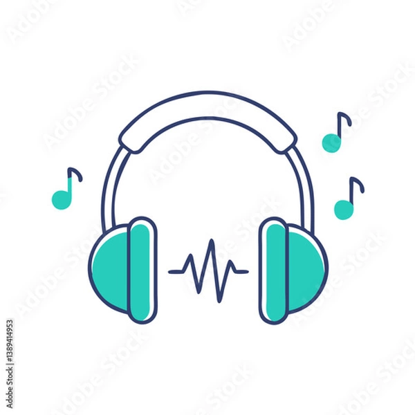 Fototapeta Stylish headphones emitting sound waves with musical notes, representing audio enjoyment and creativity, ideal for music lovers, audio production, sound design, and modern technology applications.