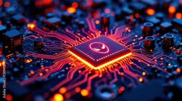 Fototapeta Close-up of a computer chip with vibrant circuitry illuminated in red and blue tones, showcasing advanced technology and design.