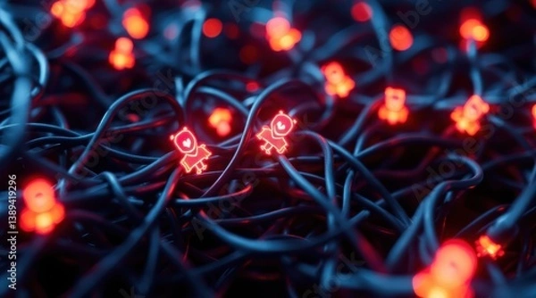 Fototapeta A tangle of dark wires illuminated by glowing red lights, creating a striking visual contrast and an abstract, technological atmosphere.