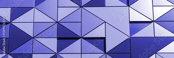 Fototapeta Panoramic image. Blue wall paneling with mosaic triangle background pattern. 3d optics