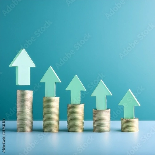 Obraz A visual representation of financial growth, featuring stacks of coins with upward arrows, symbolizing increasing profits or investments against a blue background.