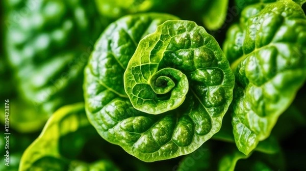 Obraz Macro shot of green sorrel leaves curled in natural spiral, botanic close-up, soft shadows