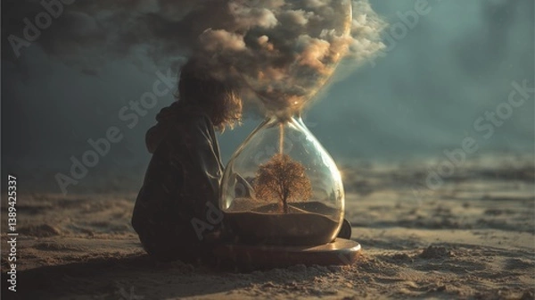 Obraz Surreal eco-anxiety artwork with tree inside hourglass and child, surreal eco-anxiety artwork hourglass tree and child, surreal eco-anxiety artwork with natural hope inside hourglass