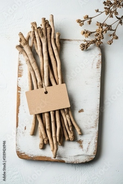 Obraz Photograph of ashwagandha roots with rustic tag and name, overhead flat-lay on white surface