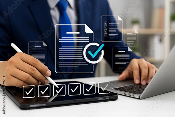 Fototapeta Digital Document Management System Businessman Workflow Process Efficient Online Checklists Tablet Laptop Modern Technology Approved Documents Paperless Office Management Business Concept Successful  