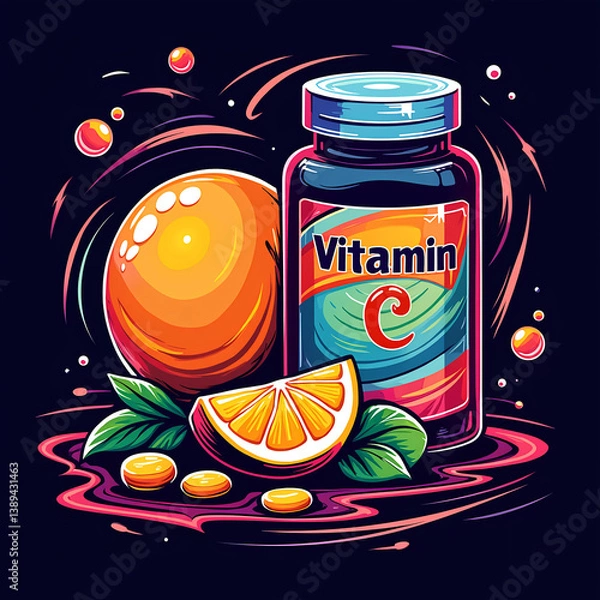 Obraz A vibrant illustration of vitamin C supplements in a jar, an orange, and a slice, set against a dark dynamic background.