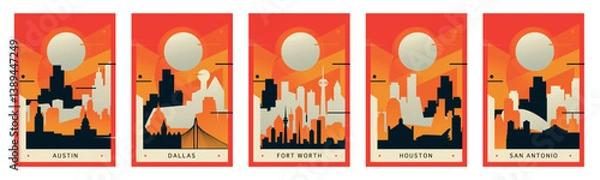 Fototapeta USA Texas state citie brutalism poster pack with skylines, landmarks of Austin, Houston, Dallas, San Antonio. Fort Worth. Vector vertical illustration set. US travel cover, brochure template images