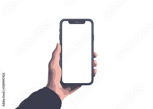 Fototapeta Mobile phone screen mockup in case. Hand holding smartphone display mock up isolated on white background.PNG