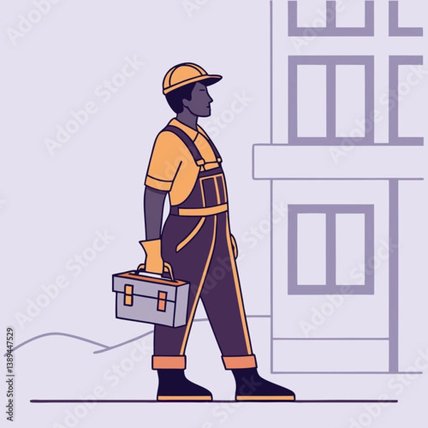 Fototapeta Plumber silhouette walking with toolbox near building  