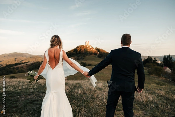 Fototapeta Hand in hand, they walk through fields of promise, with the Calvary standing tall before them. Their love, like the path ahead, eternal and unyielding, a journey to forever