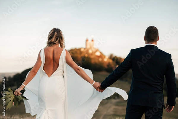 Fototapeta Hand in hand, they walk through fields of promise, with the Calvary standing tall before them. Their love, like the path ahead, eternal and unyielding, a journey to forever