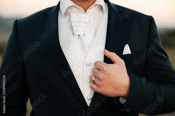 Fototapeta With his tuxedo perfectly tailored and a boutonnière pinned with care, he stands ready — a symbol of timeless elegance, love, and the promise of forever.