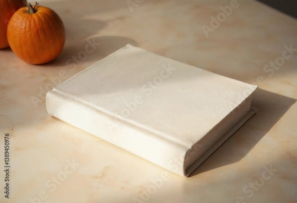 Obraz Closed book next to small pumpkin on table