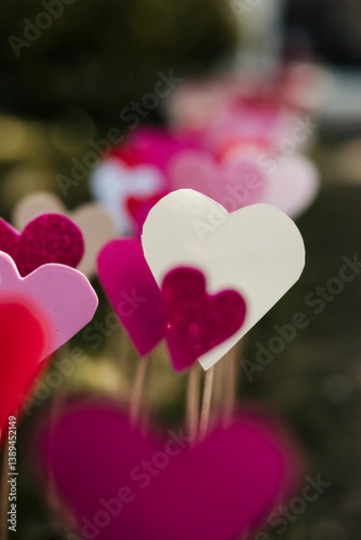 Fototapeta Colorful hearts scattered with care, adding a playful touch to the celebration. Each one a symbol of love, joy, and the beauty of a day filled with heartfelt moments