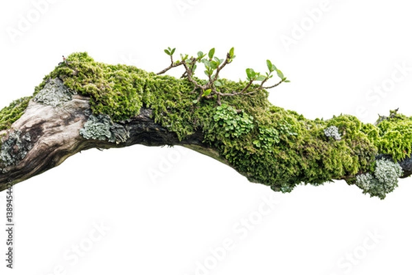 Fototapeta Tree branch with moss and lichen isolated on transparent background