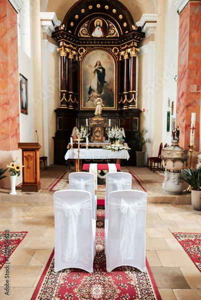 Fototapeta Gracefully adorned with ribbons and blooms, the church whispers elegance. Each detail adds a touch of romance to the sacred space where vows will soon be exchanged.