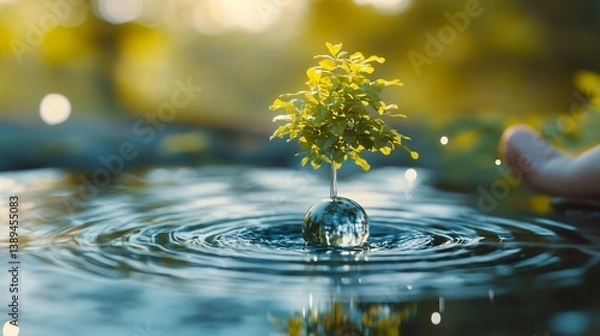 Fototapeta Hand Planting Tree in Ripple Forming Globe Composition with Recycling Theme Created with Generative AI technology