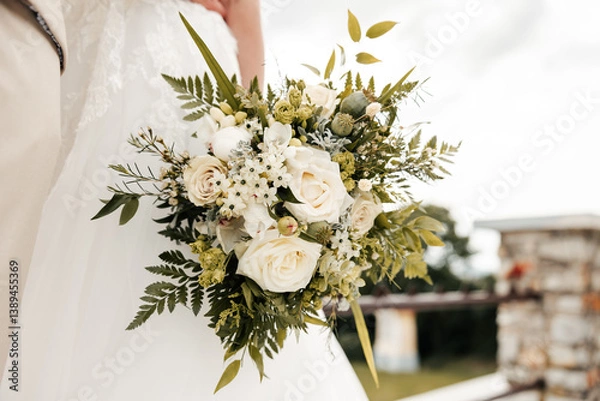 Fototapeta In her hands, a bouquet of love and dreams — each bloom a promise, each petal a step toward forever. A delicate symbol of her journey to this moment. 
