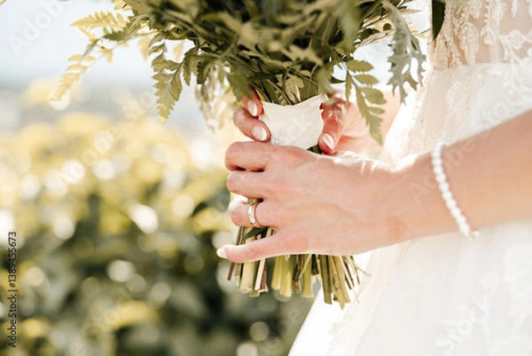 Fototapeta In her hands, a bouquet of love and dreams — each bloom a promise, each petal a step toward forever. A delicate symbol of her journey to this moment. 