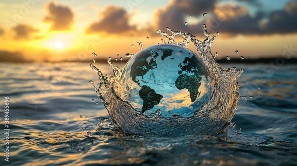 Fototapeta Translucent Earth Droplet Mid Splash Colliding with Ocean Ripples and Sunlight Created with Generative AI technology