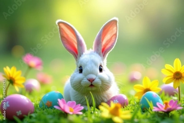 Fototapeta Whimsical Easter bunny ears amidst a meadow of colorful flowers with scattered eggs, easter bunny ears, nature scene