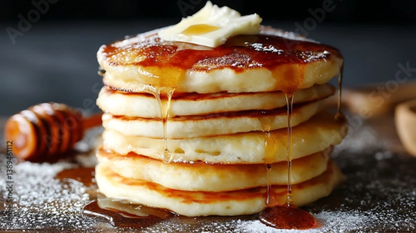 Fototapeta stack of fluffy American pancakes topped with melting butter and drizzled with golden syrup, surrounded by powdered sugar and honey dipper, creating warm and inviting breakfast scene