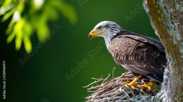 Obraz A majestic eagle perches on a tree branch, its sharp eyes scanning the vibrant green landscape, embodying grace and power in the wild.