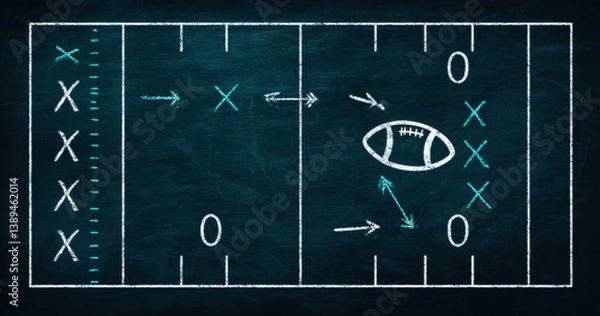 Obraz chalkboard drawing of football field layout, featuring player positions, arrows indicating movement, and football center