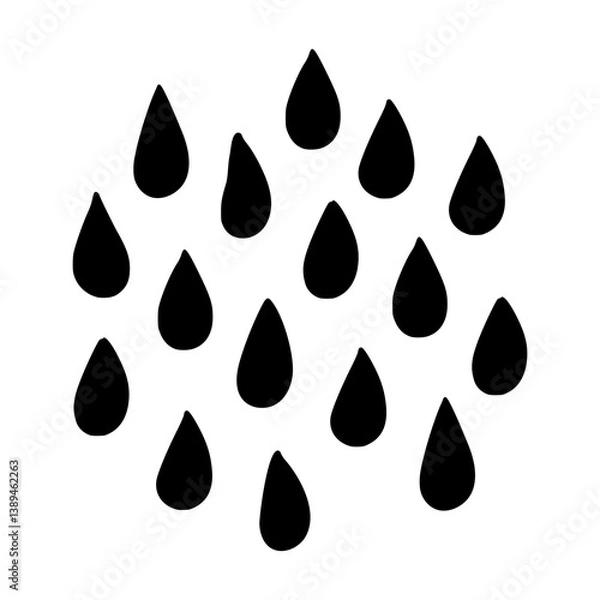 Fototapeta Doodle water drop, hand drawn sweat tear seamless pattern. Minimalistic black water drops in random arrangement on white background. Perfect for rain designs, packaging, eco concepts, skincare