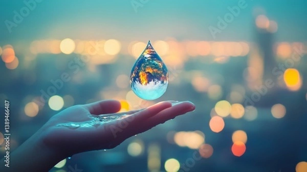 Fototapeta Symbolic Decay and Renewal in Earth Droplet Landing on Childs Palm with Clean Future Reflected Inside Created with Generative AI technology