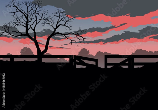 Fototapeta sunset in the park. Dusk scenery with bare tree silhouette and wooden gate
