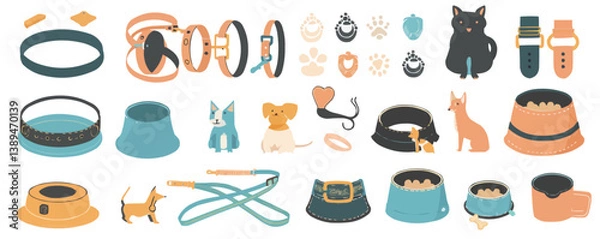 Fototapeta Stylized pet accessories and animals collection with bowls, collars, leashes, and toys.