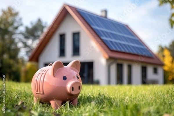 Fototapeta A piggy bank next to a house with solar panels, symbolizing energy savings