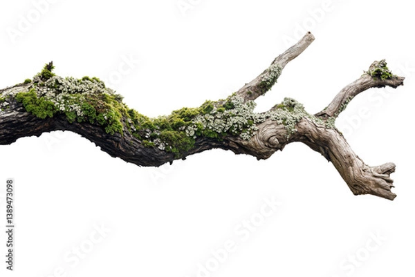 Fototapeta Curved tree branch covered with moss isolated on transparent background