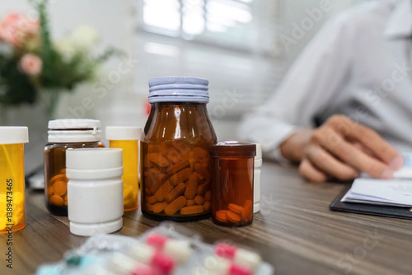 Fototapeta Medication Management and Prescription Review. An array of prescription bottles and medications organized on a table.