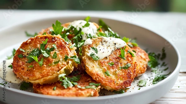Fototapeta Crispy fried green tomatoes garnished with fresh parsley and drizzled with creamy sauce, served on white plate, creating delicious and comforting dish
