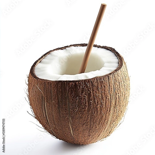 Fototapeta Coconut collection on white and tropical backgrounds – Whole and halved coconuts, wooden crates, brown shells, and exotic tropical fruit for food, cosmetic, and wellness use