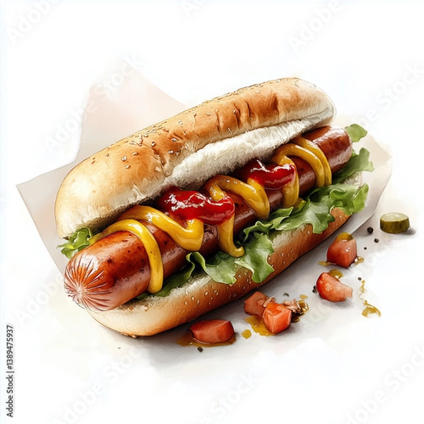 Obraz Sketch drawing of Hot dog Classic Burger with Sausage Sandwich illustration isolated on white background