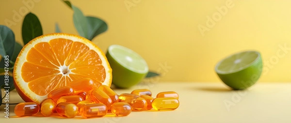 Obraz Vitamin C capsules with an orange slice and lime halves on a pastel yellow background.