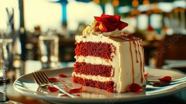 Obraz Delicious Red Velvet Cake Slice with Cream Cheese Frosting and Rose Garnish