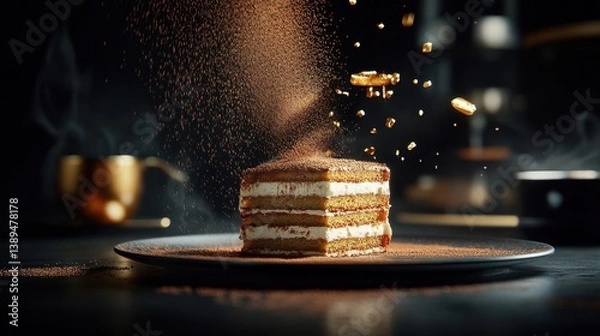 Obraz Delicious layered cake with cocoa powder falling