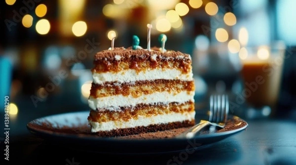 Obraz Festive layered dessert with candles on a plate