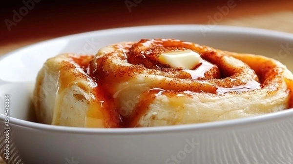 Obraz Sweet Cinnamon Roll with Butter and Glaze in Bowl